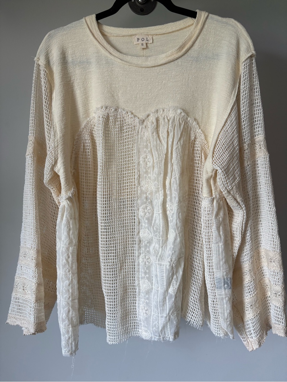 POL Cream Crochet & Lace Patchwork Long-Sleeve Top